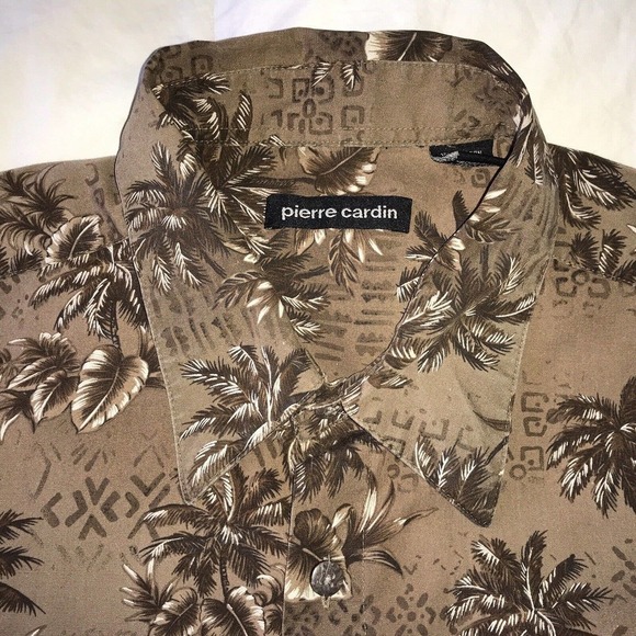 VTG Pierre Cardin Mens Hawaiian Shirt SzL Earth Tones Coconut Buttons Pre-Owned - Picture 6 of 15